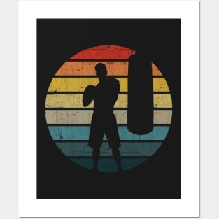 Boxing Silhouette On A Distressed Retro Sunset print Posters and Art